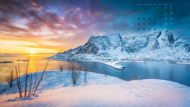2019年2月挪威小镇冬日唯美雪景日历