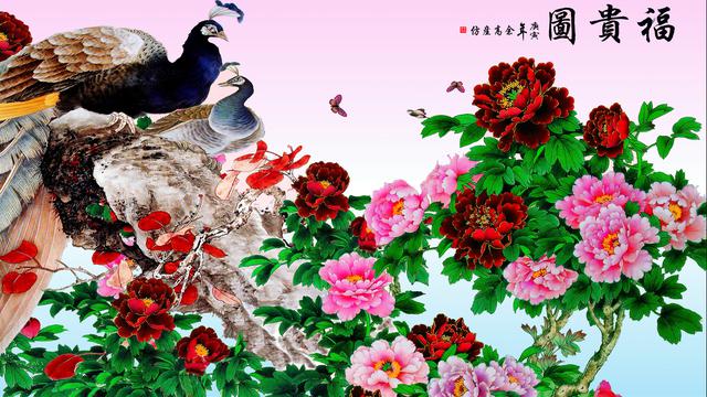 孔雀牡丹工笔画