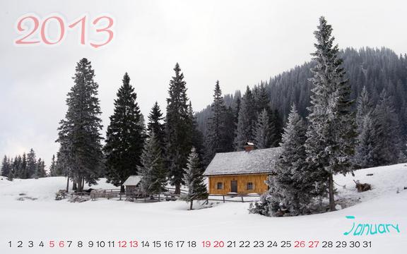 2013年1月日历 雪中小木屋
