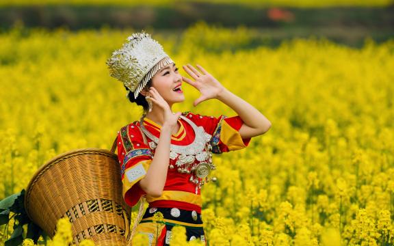 油菜花田里的苗族小阿妹