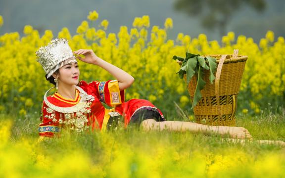 油菜花田里的苗族小阿妹