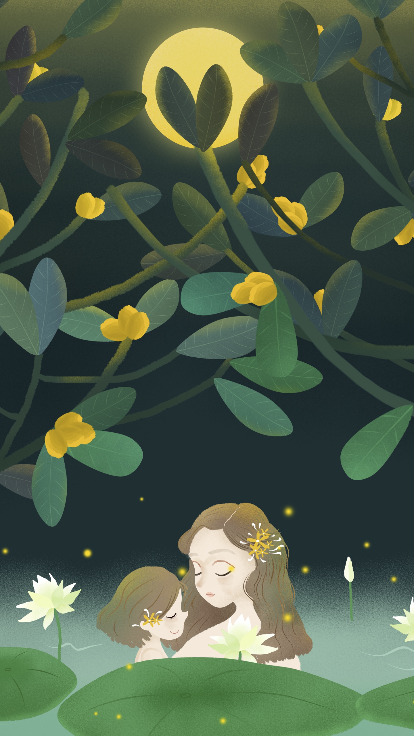 荷塘母女月夜情唯美插画