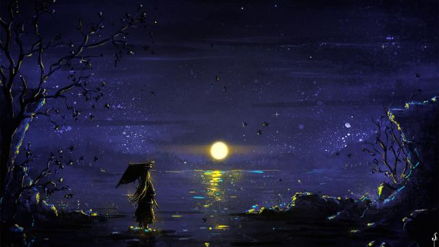 夜晚一个人的背影插画