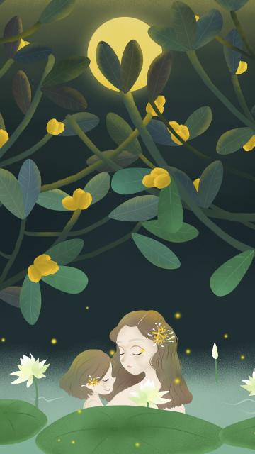 荷塘母女月夜情唯美插画