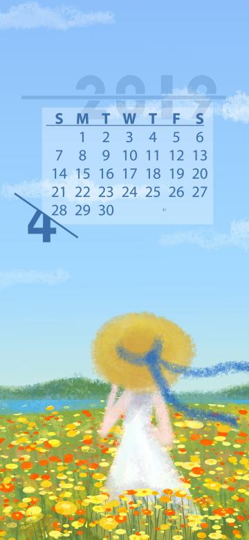2019年4月可爱女孩插画日历