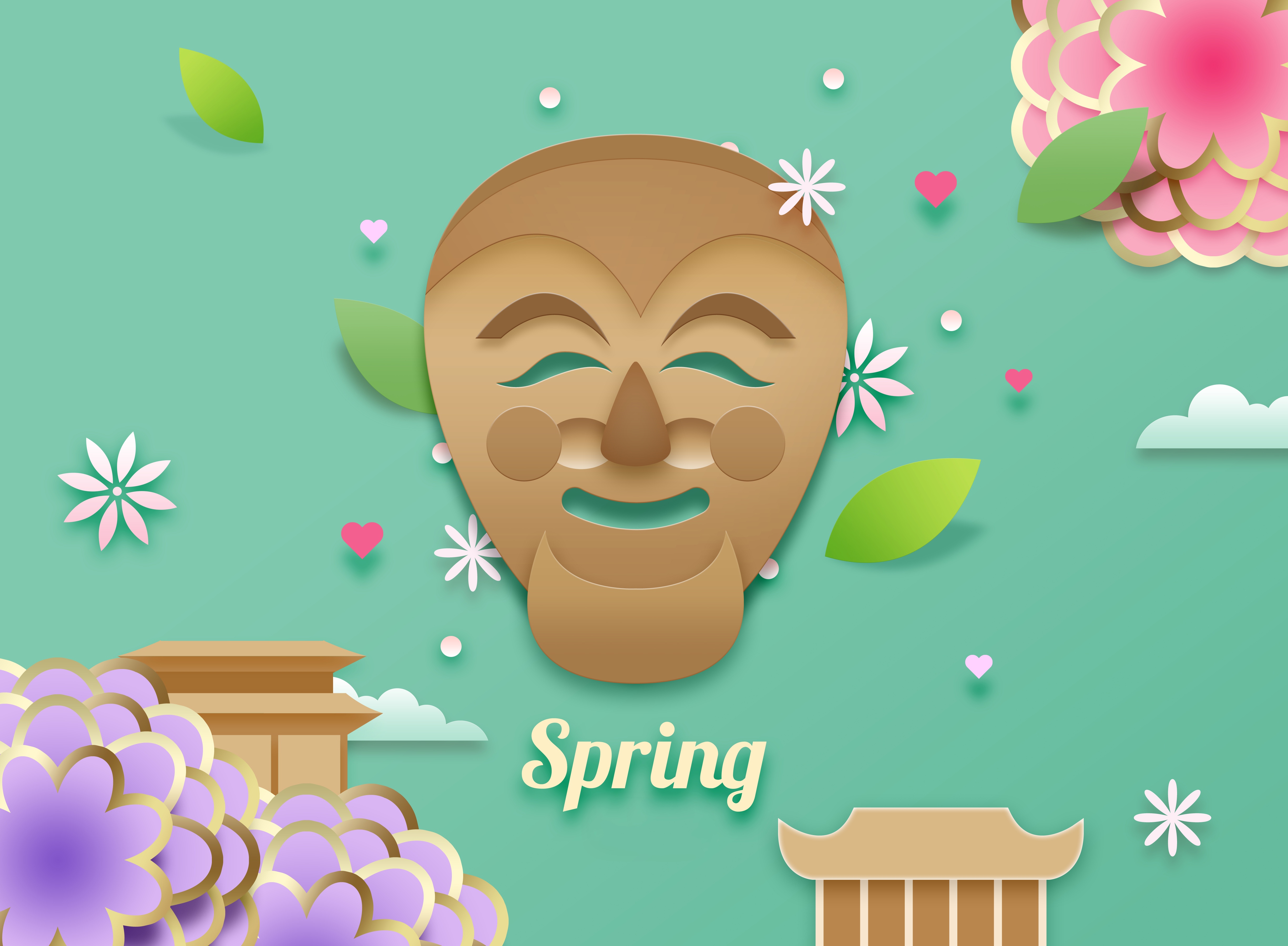 韩式春天气息卡通立体花朵建筑海报