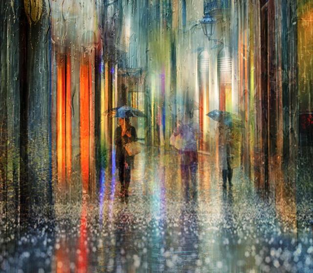 宛若油画的雨中城市