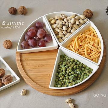 竹底白色陶瓷零食盘