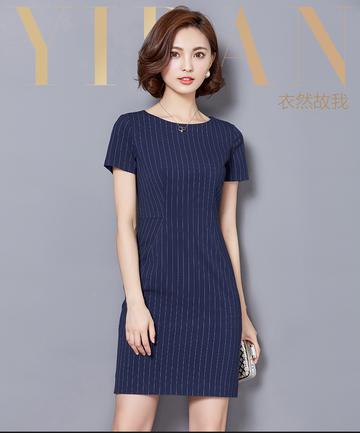 2017春装新款连衣裙女装修身条纹短袖职业裙子夏装