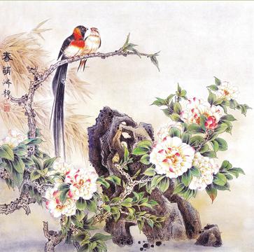 工笔画牡丹花鸟