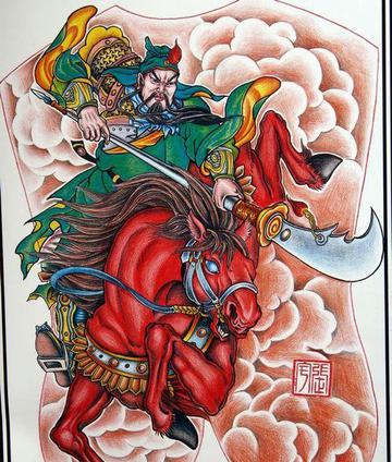 彩色关公男士纹身手稿图案
